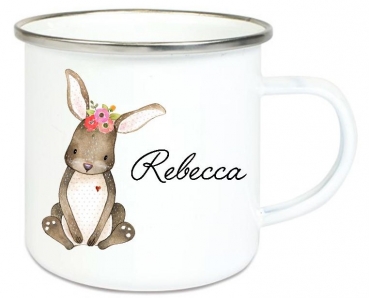 ♥ Tasse Emailletasse Hasi Hase, Wunschname, Einschulung KITA Dankeschön, Abschied, Jubiläum, Geschenk, Becher von Lüttentüddel